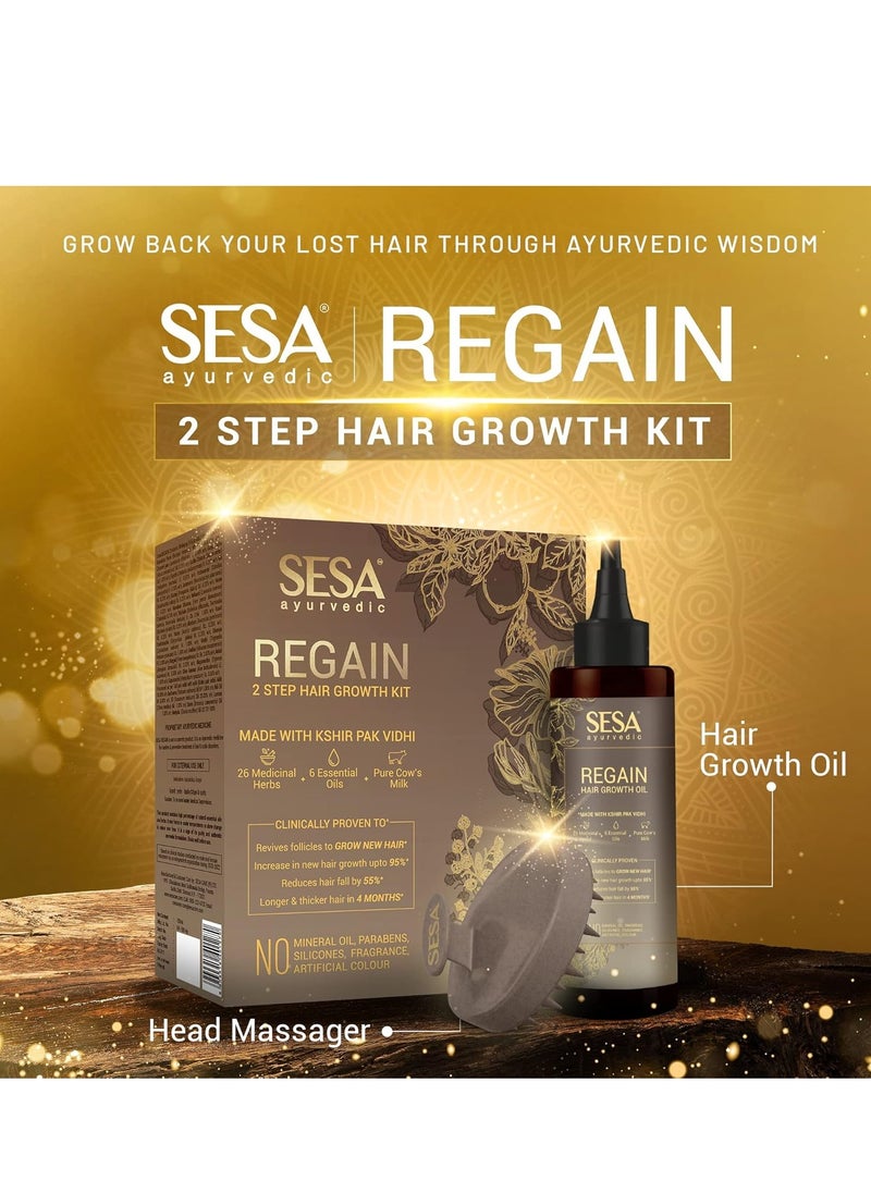 SESA Ayurvedic Regain 2 Step Hair Oil Growth Kit With 26 Herbs And 6 Essential Oils Promotes Hair Growth Help Reduces Hair Fall With Massager Natural Hair Oil For Women And Men, 100 Ml