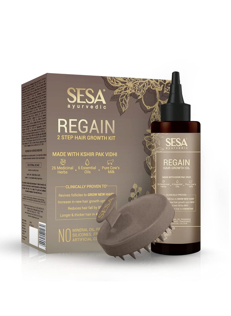 SESA Ayurvedic Regain 2 Step Hair Oil Growth Kit With 26 Herbs And 6 Essential Oils Promotes Hair Growth Help Reduces Hair Fall With Massager Natural Hair Oil For Women And Men, 100 Ml