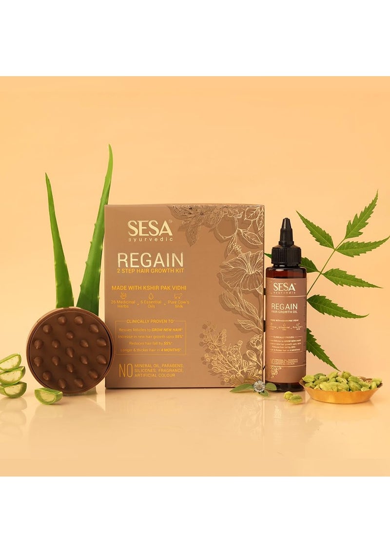 SESA Ayurvedic Regain 2 Step Hair Oil Growth Kit With 26 Herbs And 6 Essential Oils Promotes Hair Growth Help Reduces Hair Fall With Massager Natural Hair Oil For Women And Men, 100 Ml