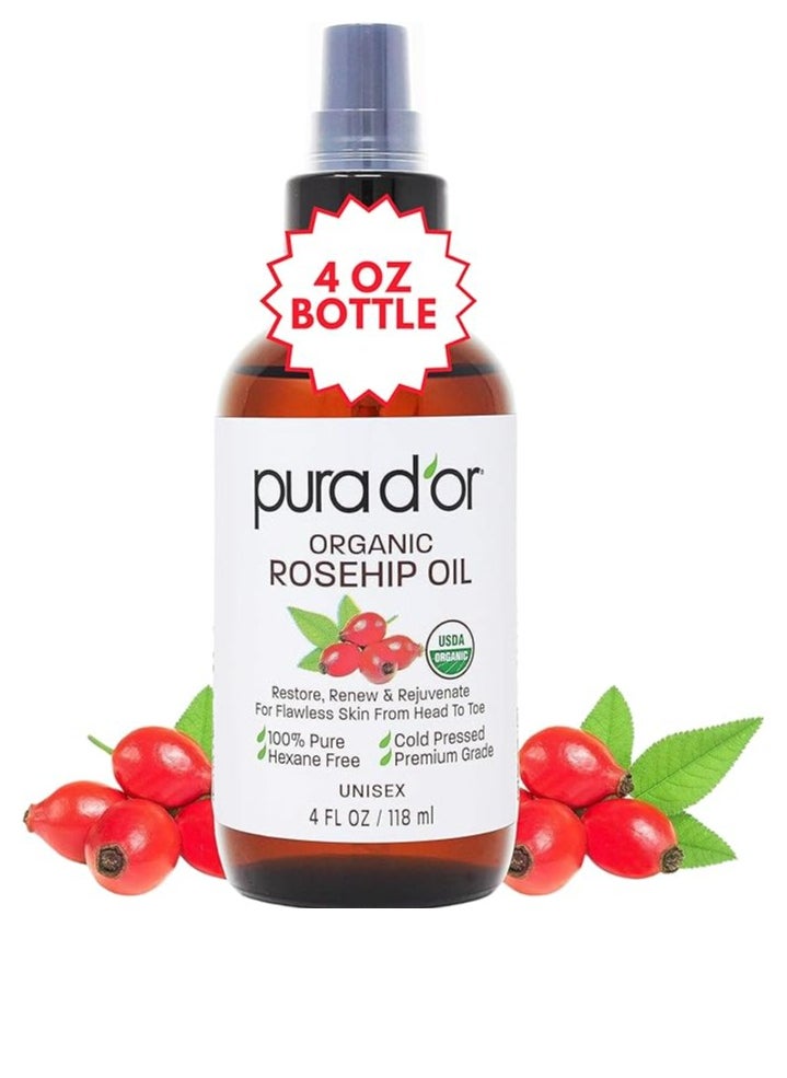 PURA D'OR Organic Rosehip Seed Oil (4oz / 118mL) 100% Pure Cold Pressed USDA Certified Organic, All Natural Anti-Aging Moisturizer Treatment for Face, Hair, Skin, Nails, Men-Women (Packaging may vary)