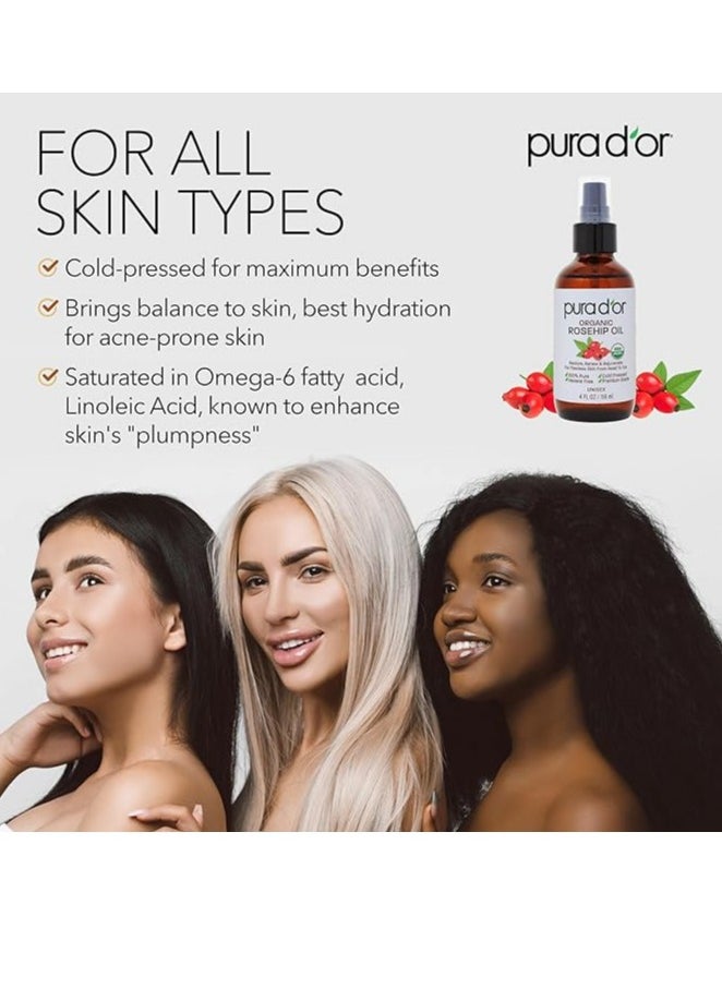 PURA D'OR Organic Rosehip Seed Oil (4oz / 118mL) 100% Pure Cold Pressed USDA Certified Organic, All Natural Anti-Aging Moisturizer Treatment for Face, Hair, Skin, Nails, Men-Women (Packaging may vary)