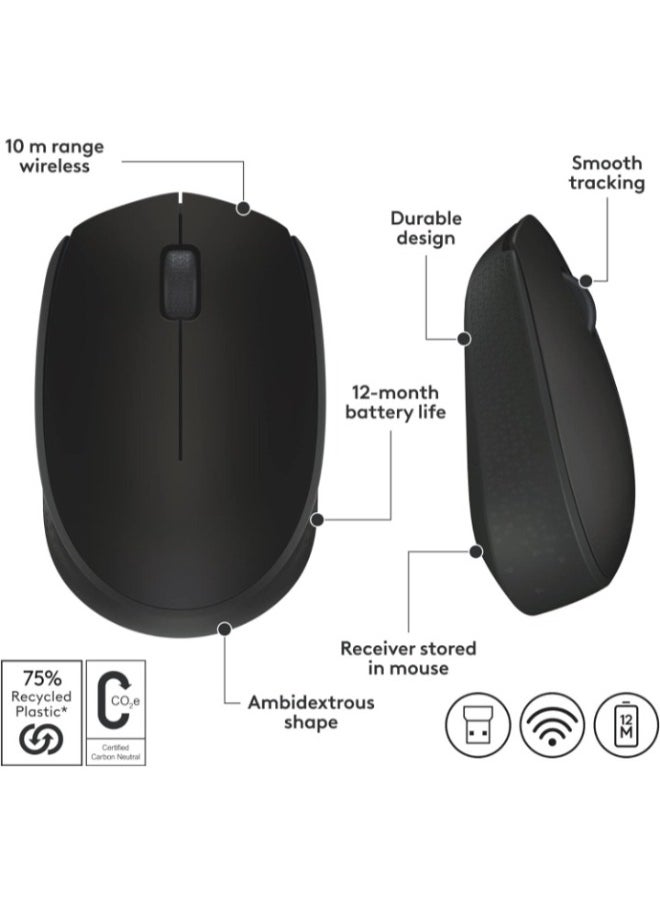 M171 Wireless Mouse for PC, Mac, Laptop, 2.4 GHz, Optical Tracking, 12-Months Battery Life, Ambidextrous-Black