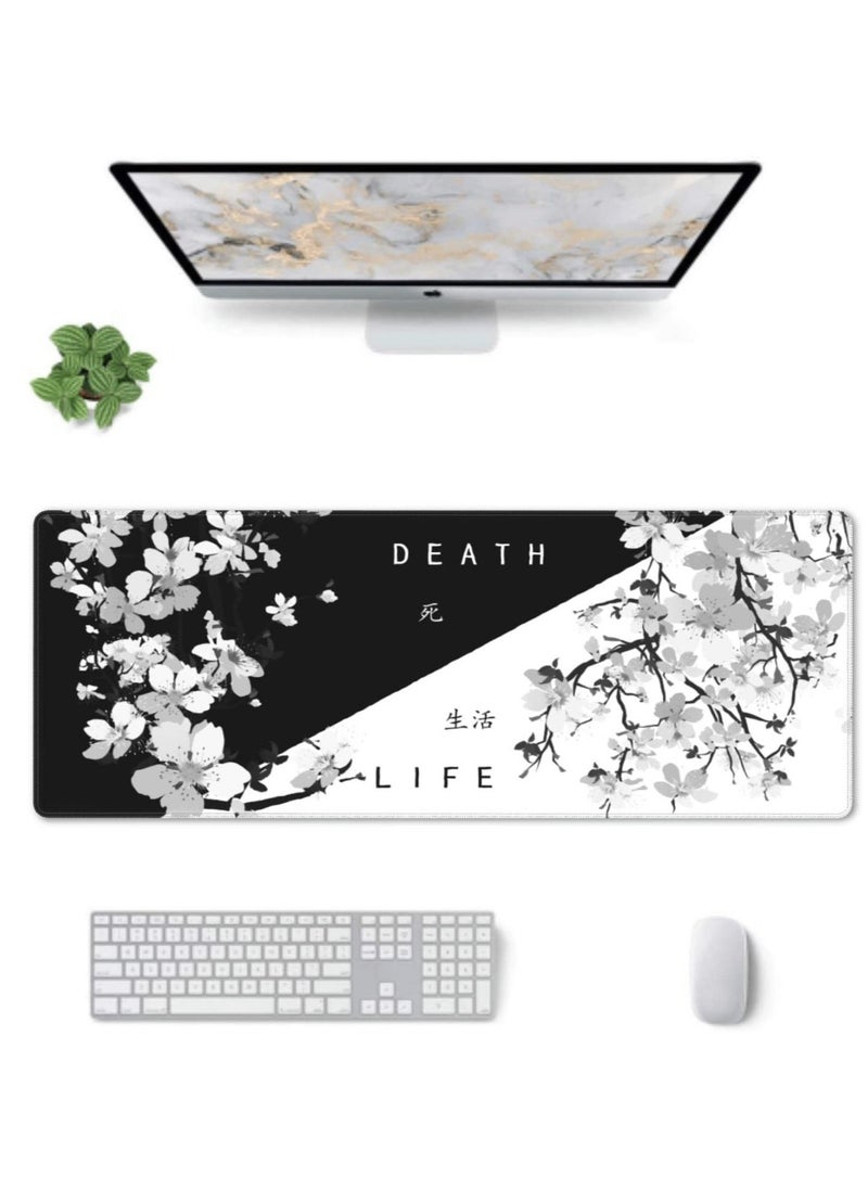 Gaming Mouse Pad Black and White Cherry Blossom, Stitched Edges Mousepad, Art Gaming Mouse Pad, Extended Large Mouse Mat Desk Pad, Long Non-Slip Rubber Base Mice Pad