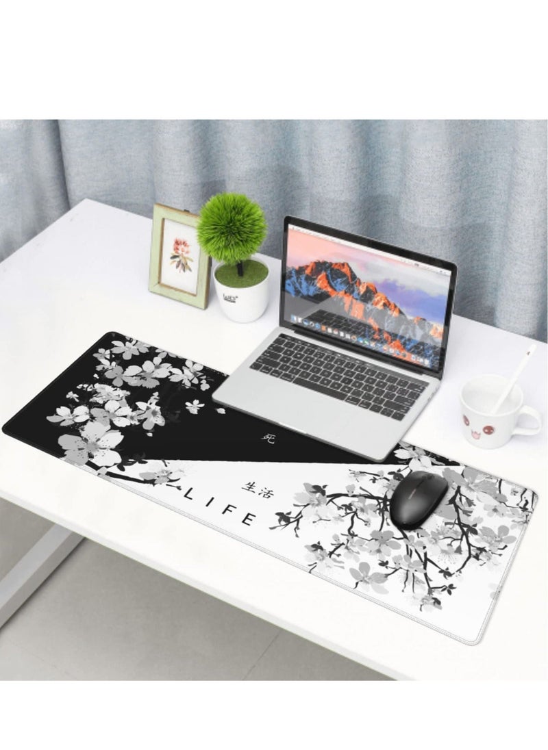 Gaming Mouse Pad Black and White Cherry Blossom, Stitched Edges Mousepad, Art Gaming Mouse Pad, Extended Large Mouse Mat Desk Pad, Long Non-Slip Rubber Base Mice Pad