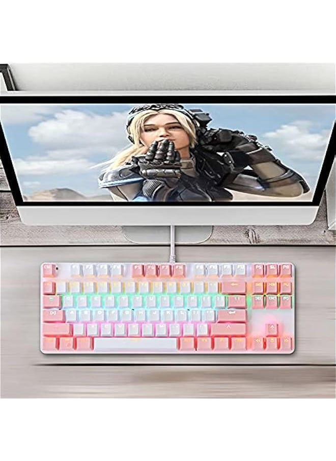 Portable Advanced Keyboard for Notebook Computer, K100 87 Keys USB Backlight Green Shaft Office Home Gaming Mechanical Keyboard - White Blue