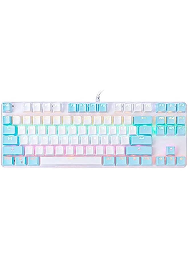 Portable Advanced Keyboard for Notebook Computer, K100 87 Keys USB Backlight Green Shaft Office Home Gaming Mechanical Keyboard - White Blue