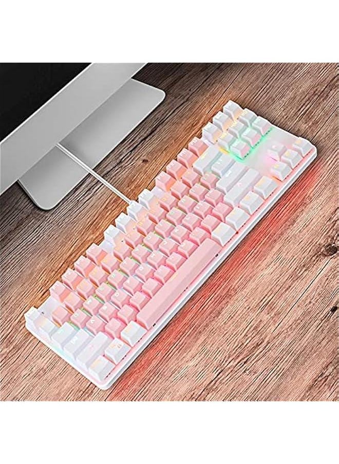 Portable Advanced Keyboard for Notebook Computer, K100 87 Keys USB Backlight Green Shaft Office Home Gaming Mechanical Keyboard - White Blue