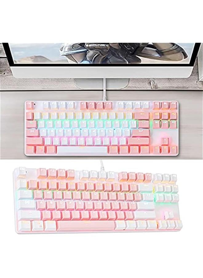 Portable Advanced Keyboard for Notebook Computer, K100 87 Keys USB Backlight Green Shaft Office Home Gaming Mechanical Keyboard - White Blue