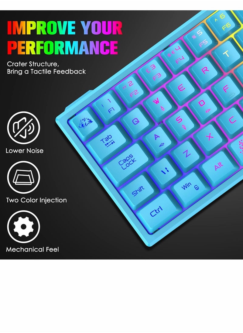 60% Gaming Keyboard, Mini Portable Rainbow RGB Backlight Compact Ergonomic 62-Key Layout 19-Key Anti-Ghosting Mechanical Feel Waterproof USB Wired for PC Mac Windows Gaming Laptop Typist (Blue)