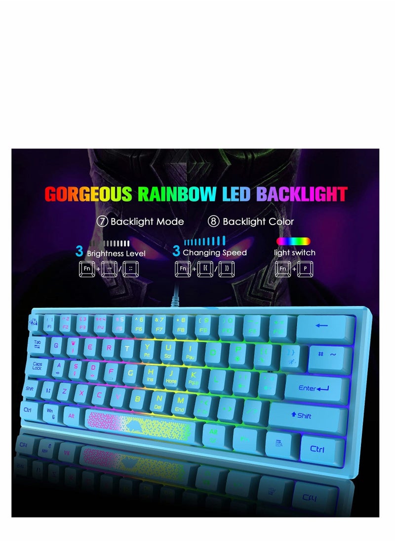 60% Gaming Keyboard, Mini Portable Rainbow RGB Backlight Compact Ergonomic 62-Key Layout 19-Key Anti-Ghosting Mechanical Feel Waterproof USB Wired for PC Mac Windows Gaming Laptop Typist (Blue)