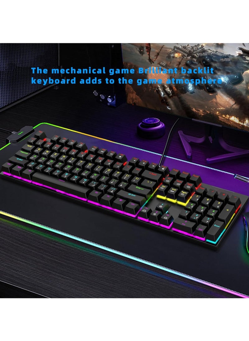 English Arabic Mechanical Gaming Keyboard with LED Backlit, 104 Keys Quick Response USB Interface E-sport Waterproof Wired Keyboard for Windows,MacOS,Android PC Gamers Black