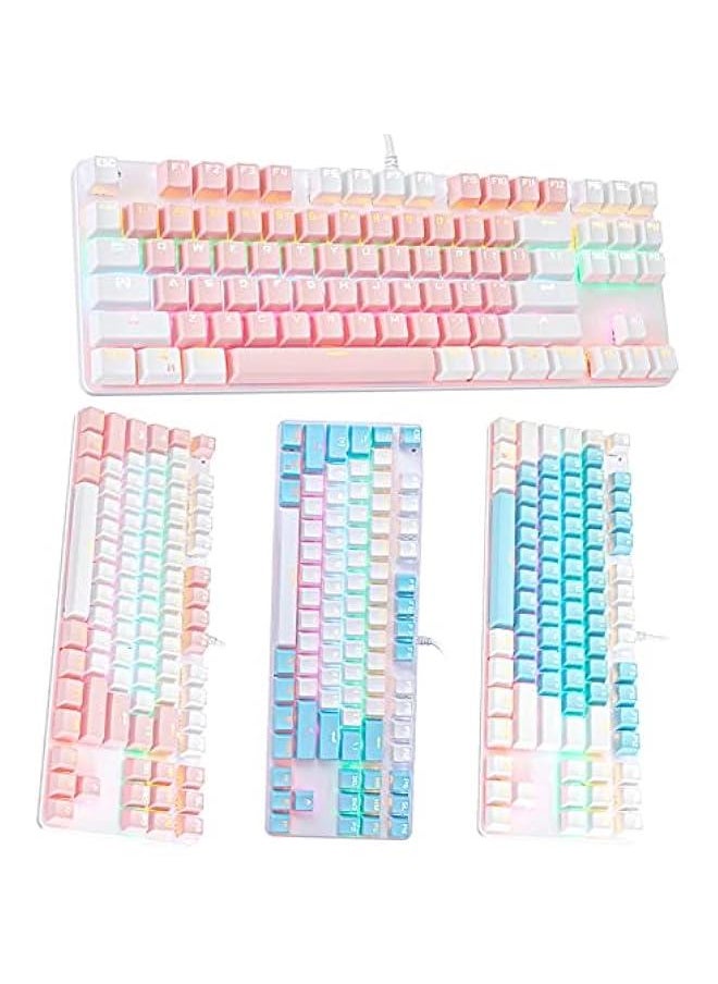 Portable Advanced Keyboard for Notebook Computer, K100 87 Keys USB Backlight Green Shaft Office Home Gaming Mechanical Keyboard - White Pink