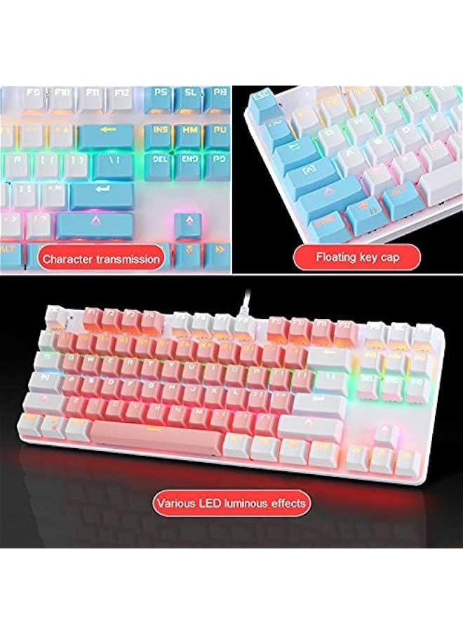 Portable Advanced Keyboard for Notebook Computer, K100 87 Keys USB Backlight Green Shaft Office Home Gaming Mechanical Keyboard - White Pink