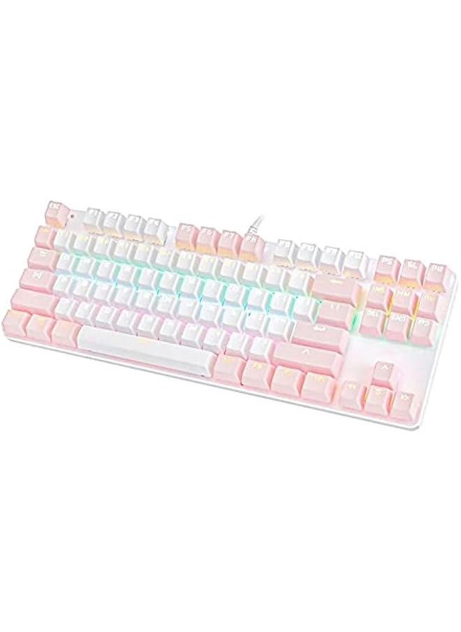 Portable Advanced Keyboard for Notebook Computer, K100 87 Keys USB Backlight Green Shaft Office Home Gaming Mechanical Keyboard - White Pink