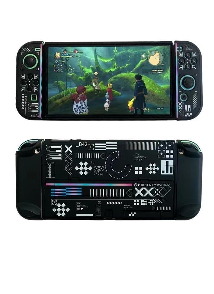 Protective Case Compatible with Nintendo Switch OLED Cool Printstream Hard Black Cover Case with Thumb Grip Caps and Screen Protector Shockproof Anti Scratch Protector for NS OLED Model Black