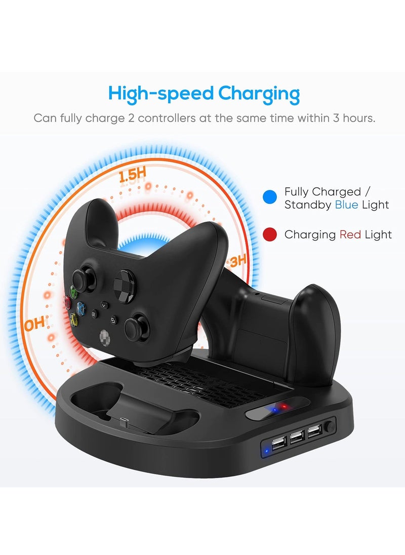 Vertical Charging Stand for Xbox Series S Controllers with Cooling Fan, Charging Station Dock with Dual Controller Charger Ports LED Indicator 3 USB Hubs