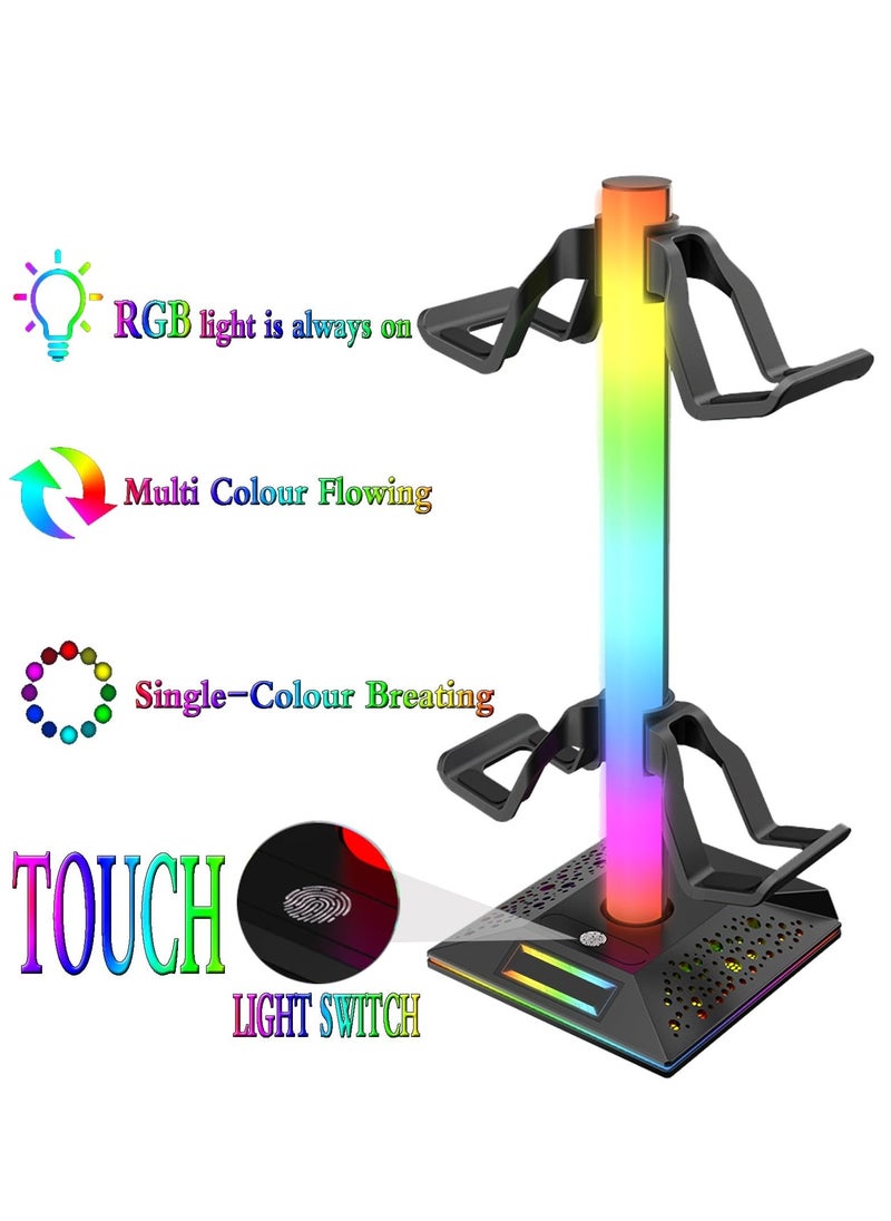 RGB Headphone Stand and Gaming Controller Holder, Desk Headset Stand with 10 Light Modes, 2 USB Charging Ports, and 1 Type-C Port, Universal Headset Stand Accessories for Desk Gamers