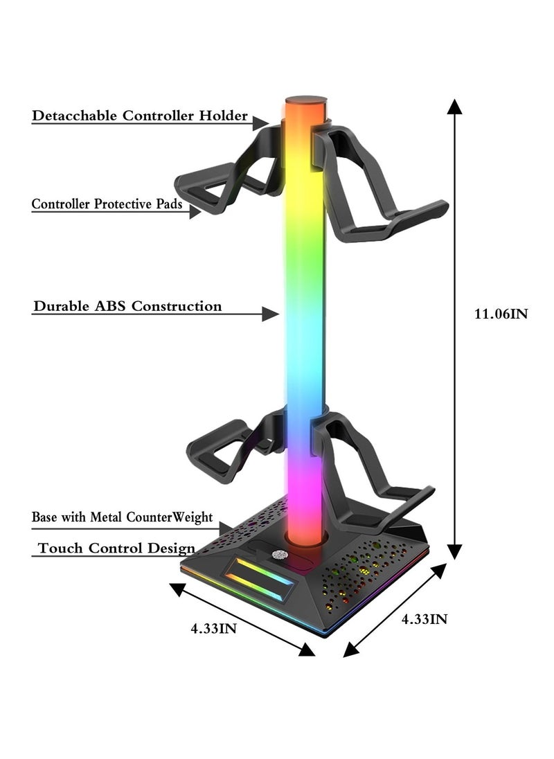 RGB Headphone Stand and Gaming Controller Holder, Desk Headset Stand with 10 Light Modes, 2 USB Charging Ports, and 1 Type-C Port, Universal Headset Stand Accessories for Desk Gamers