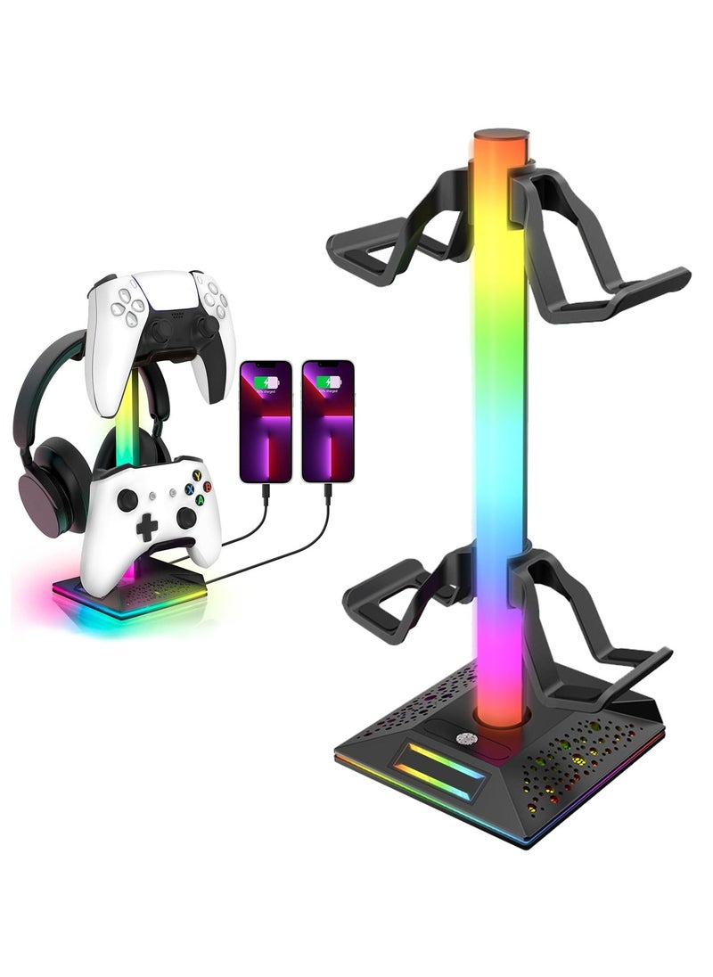 RGB Headphone Stand and Gaming Controller Holder, Desk Headset Stand with 10 Light Modes, 2 USB Charging Ports, and 1 Type-C Port, Universal Headset Stand Accessories for Desk Gamers