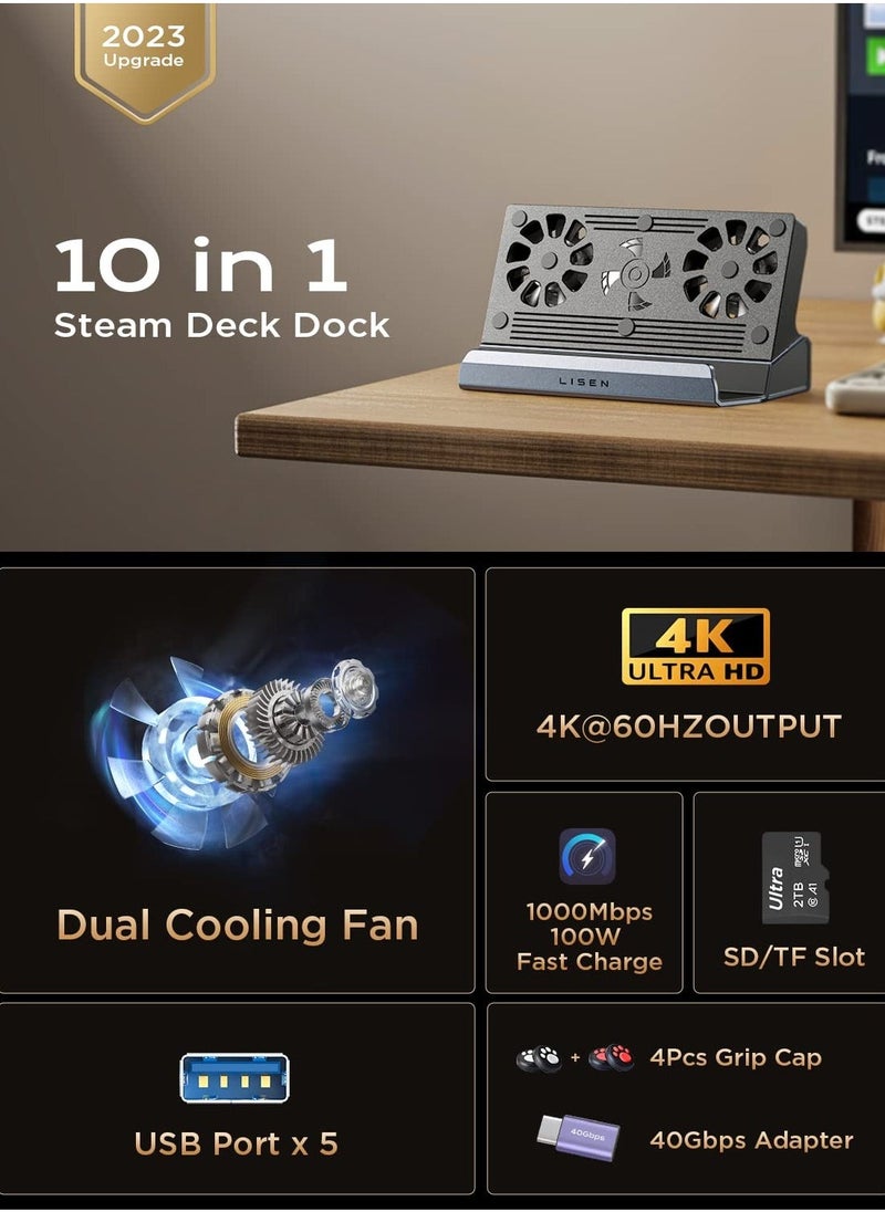 Steam Deck Dock Docking Station with Fan,10-in-1 Valve Steam Deck Dock Stand Support HDMI 2.0 4k@60hz, Gigabit Ethernet, Full Speed Charging USB-C, USB-A 3.0, USB-A 2.0, SD(U3), TF(U3)