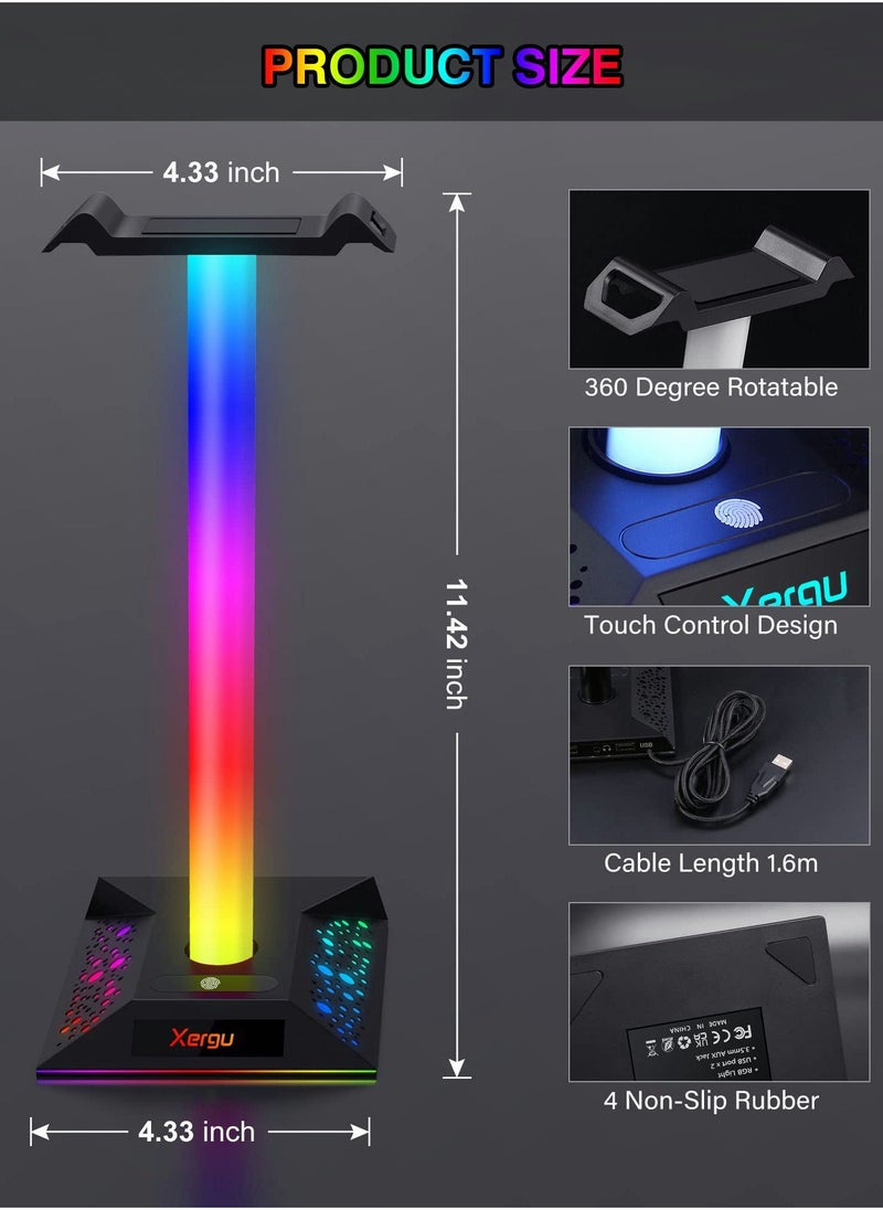 RGB Gaming Headphone Stand with 3.5mm AUX and 2 USB Ports, Perfect Headset Holder for Gamers and Desktop Accessories