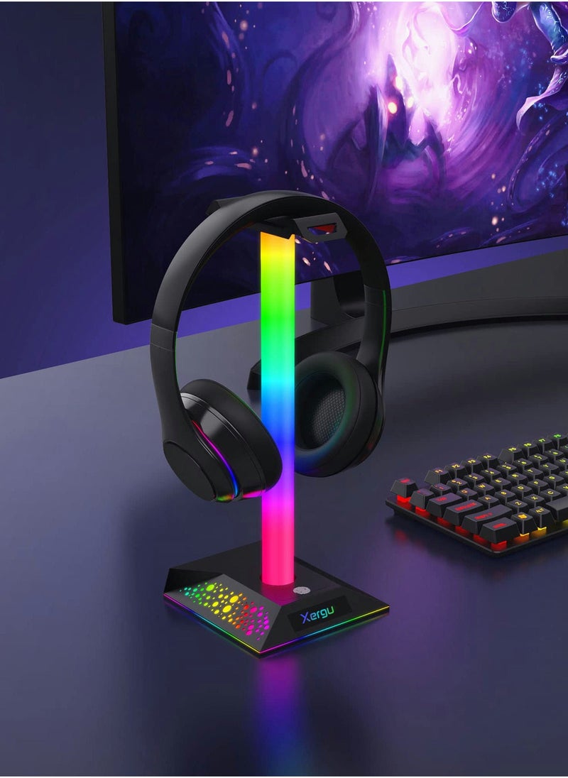 RGB Gaming Headphone Stand with 3.5mm AUX and 2 USB Ports, Perfect Headset Holder for Gamers and Desktop Accessories