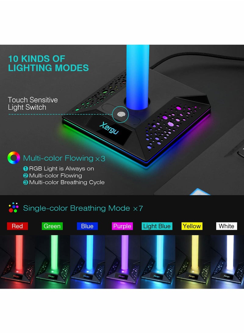 RGB Gaming Headphone Stand with 3.5mm AUX and 2 USB Ports, Perfect Headset Holder for Gamers and Desktop Accessories