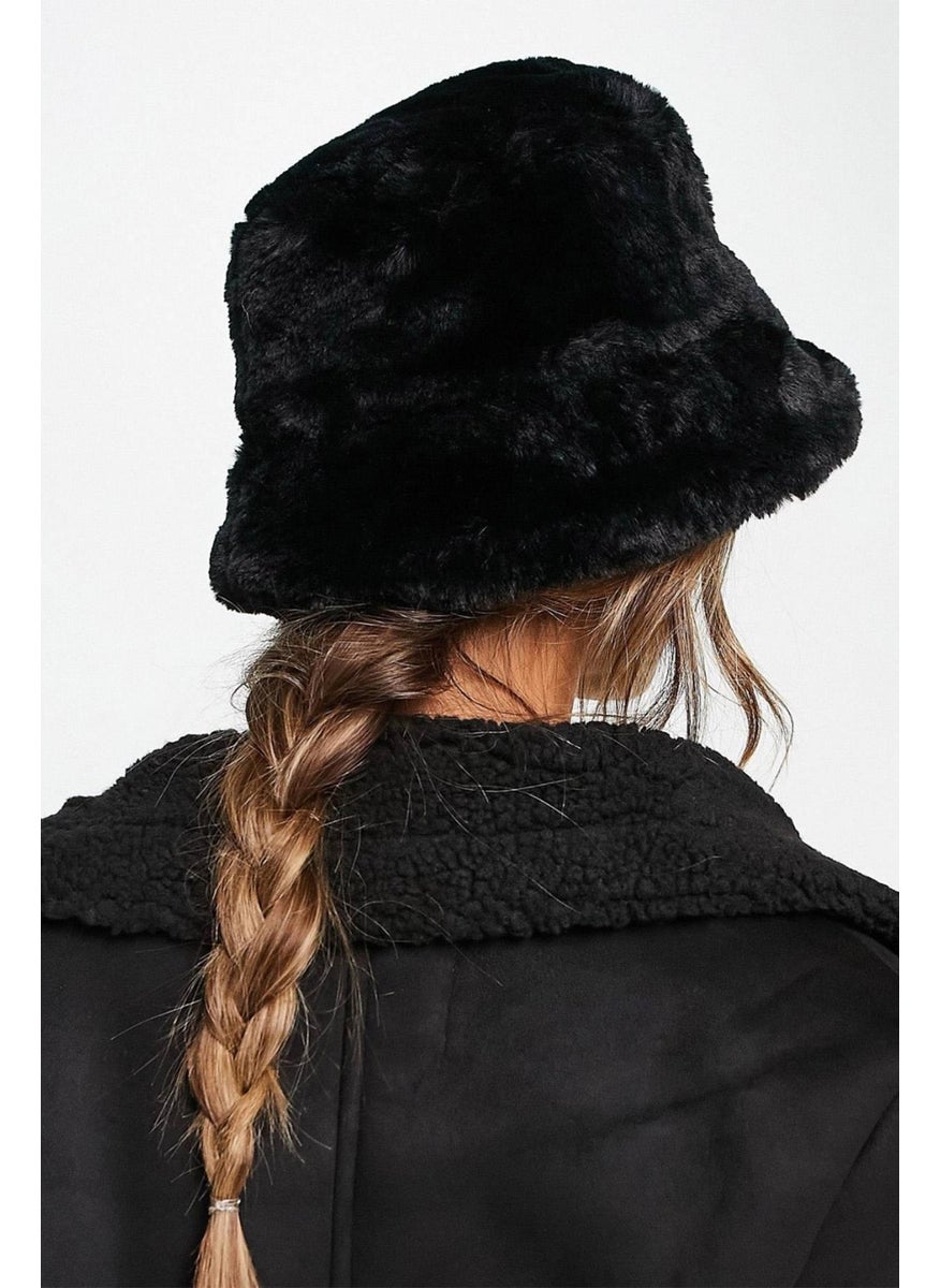 Black Plush Soft Textured Bucket Hat