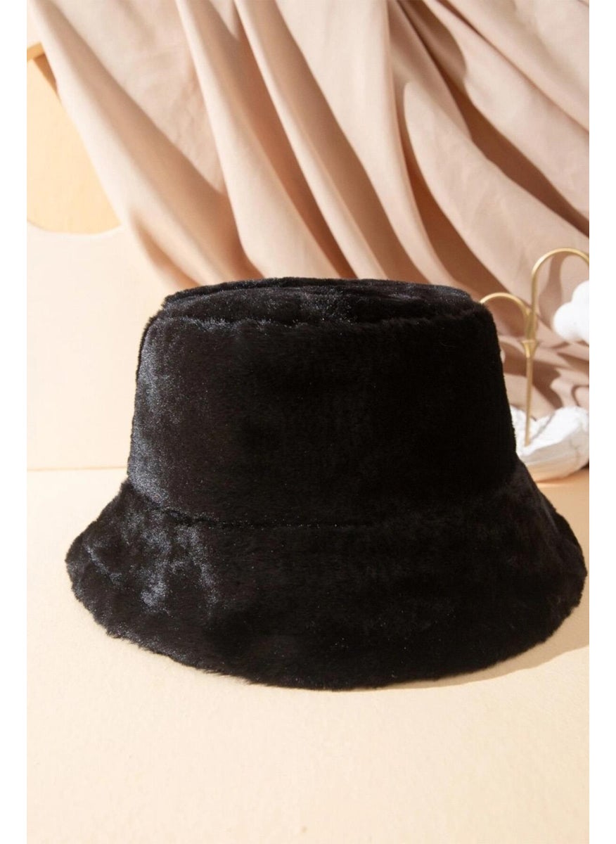 Black Plush Soft Textured Bucket Hat