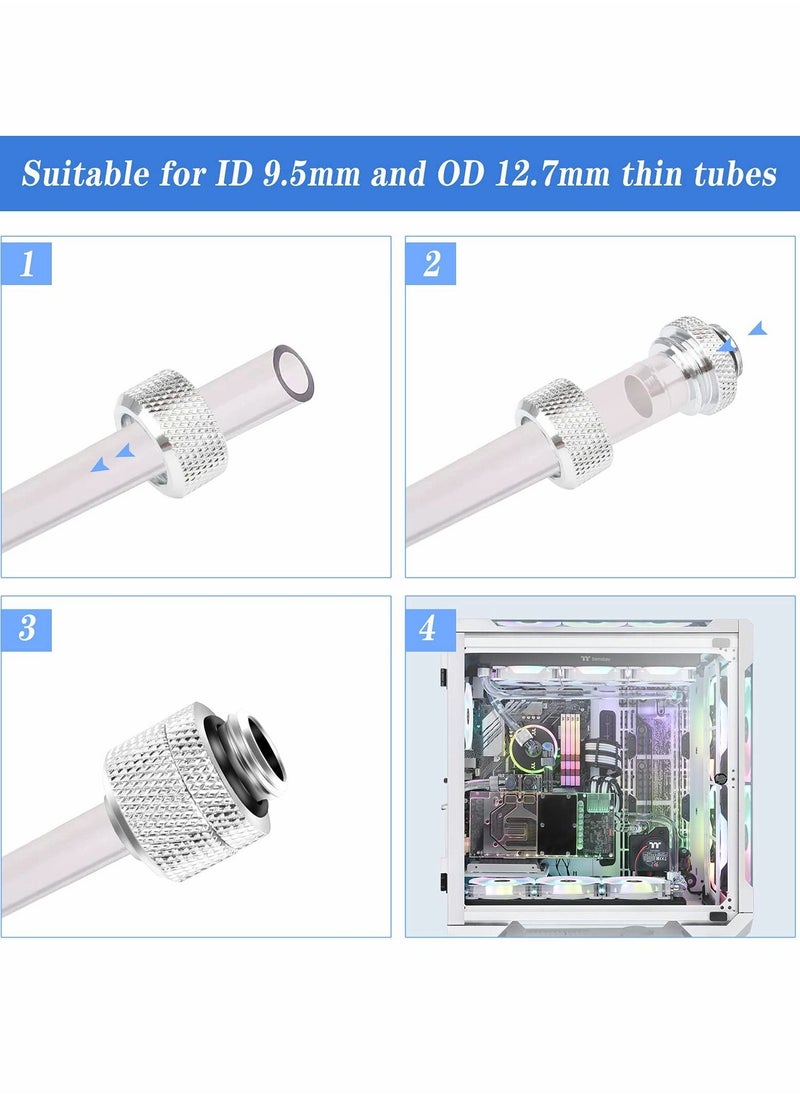 Water Cooling Compression Fitting, G1/4inch Threaded Soft Tube Two-Touch Connector, PC Water Cooling System Tube Connector for 9.5mm ID and 12.7mm OD Thin Tubing (4 Pcs)