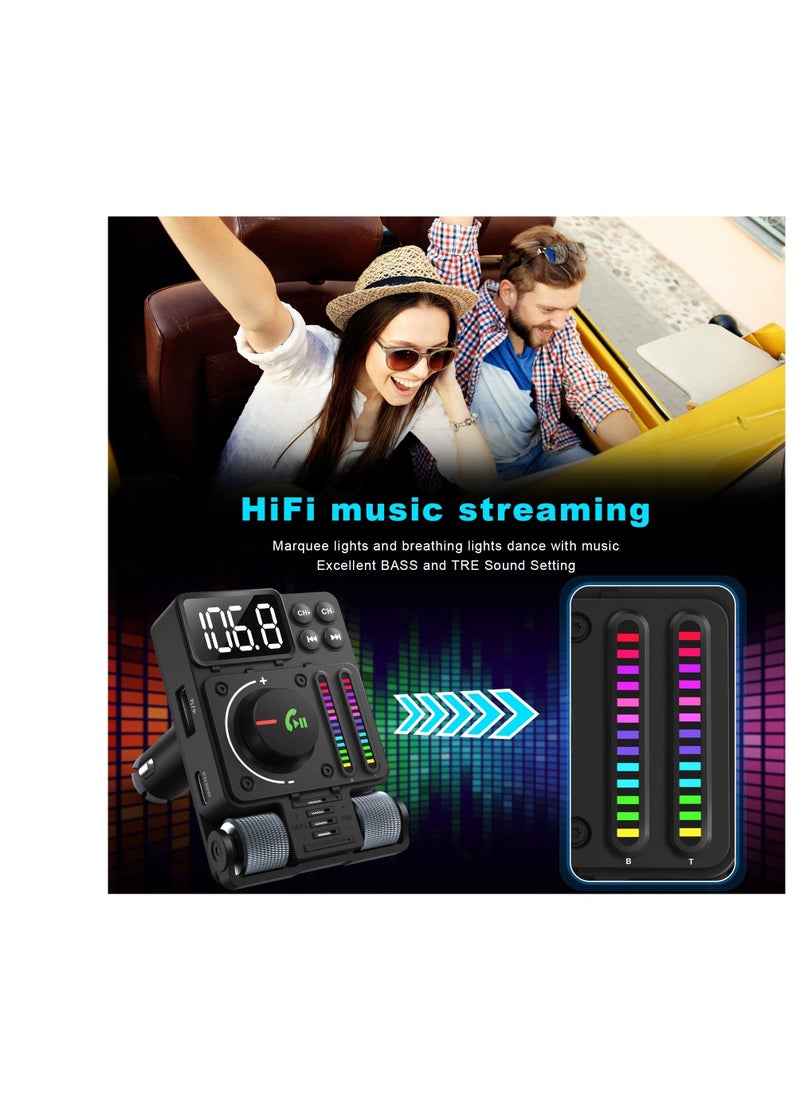 Bluetooth 5.3 FM Transmitter for Car, Bluetooth Car Adapter, PD 30W Type C Fast Charge and USB Port, HiFi Treble & Bass Player, Color Screen,  Music Light Bar, Support Hands-Free Calling