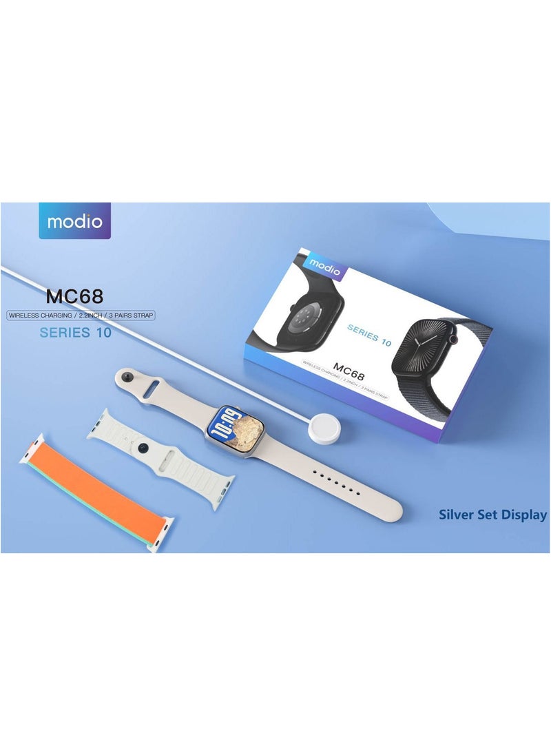 Modio MC68 Series 10 Smartwatch 2.2 Inch Large Screen Display With 3 Pair Straps and Charging Cable Designed for Ladies and Gents Silver