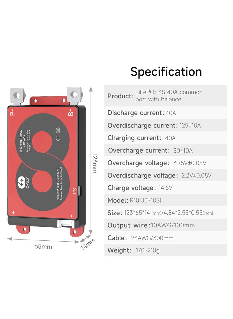 LiFePO4 4S 12V 40A Battery Management System (BMS) with Hardware for Lithium Iron Phosphate Batteries