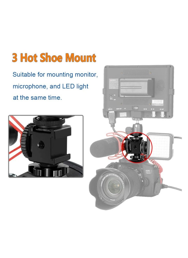 Camera Cold Shoe Mount Adapter, Aluminium Alloy Triple Hot Shoe Extension Bracket Holder for GoPro DSLR Cameras Flash Light, Monitor, Microphone