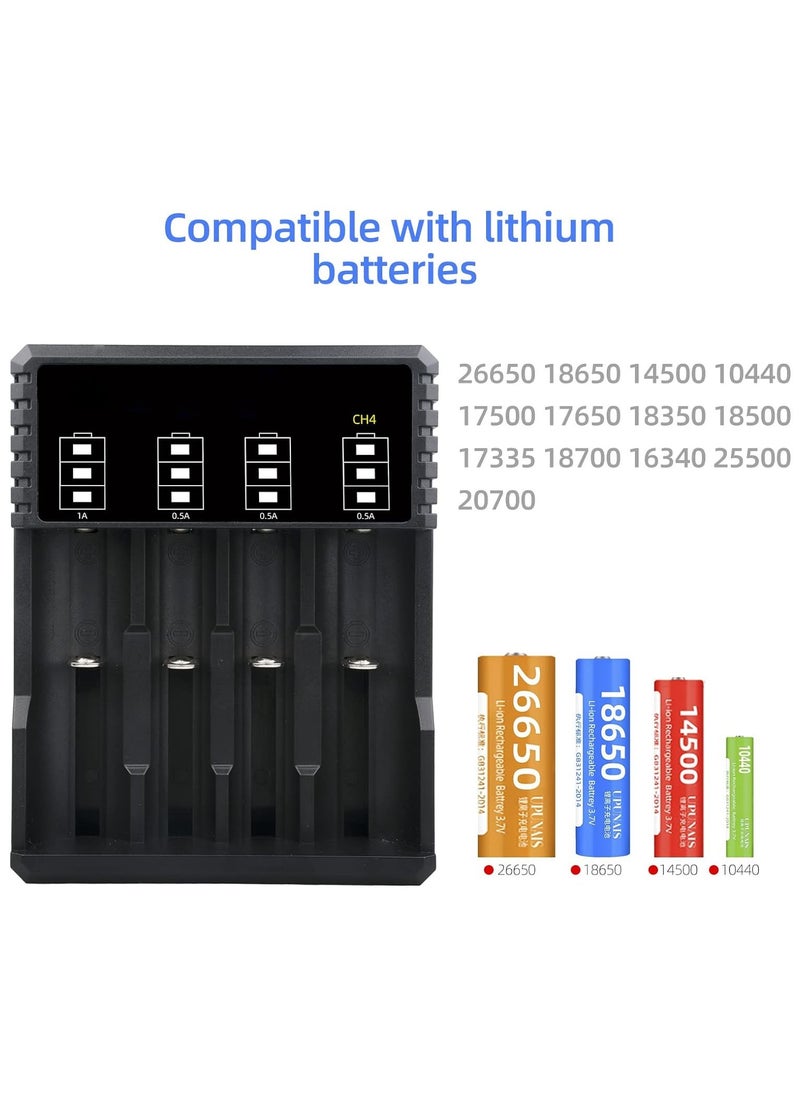 Battery Charger Li-ion, 18650 Battery Charger, Suitable for 3.7V li-ion Battery 18650 20700 10440 14500 18500 16340 17500 26650 Battery Charger, 4-Port Type C Battery Recharge, Smart Independent