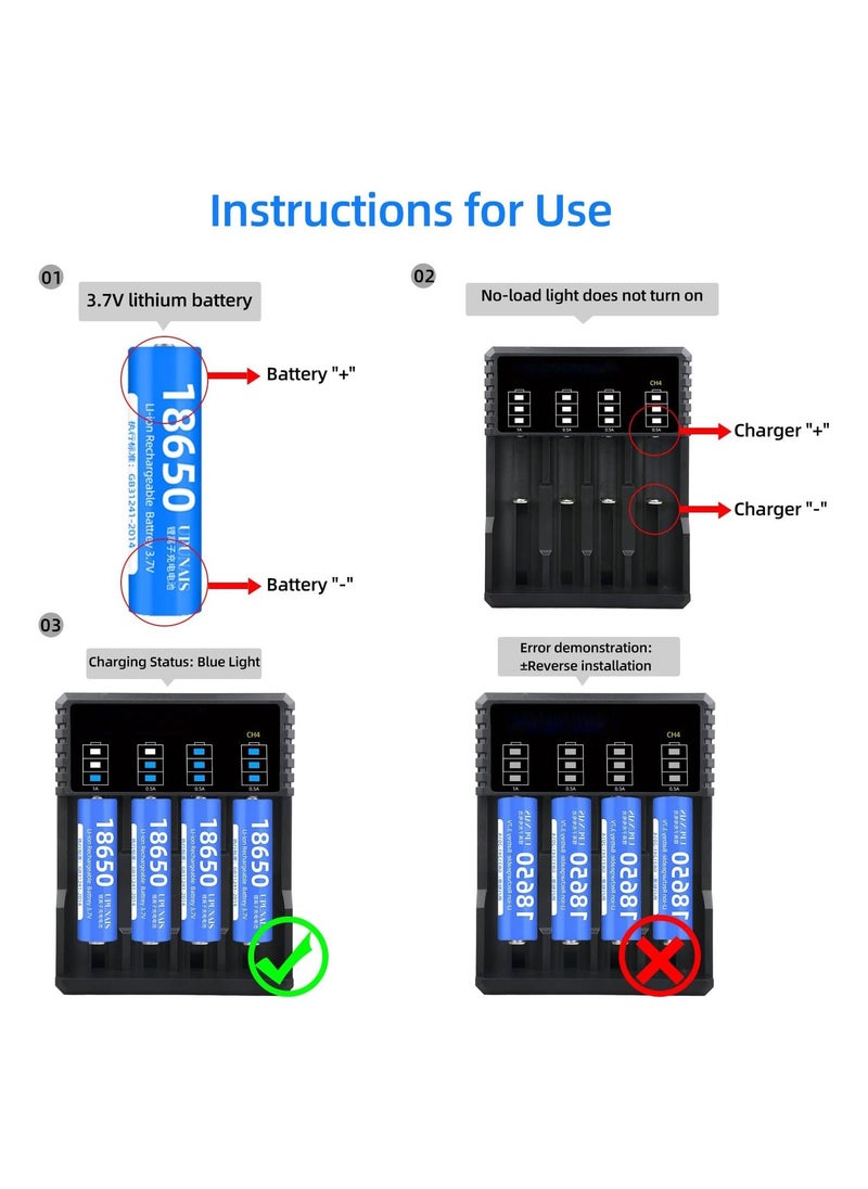 Battery Charger Li-ion, 18650 Battery Charger, Suitable for 3.7V li-ion Battery 18650 20700 10440 14500 18500 16340 17500 26650 Battery Charger, 4-Port Type C Battery Recharge, Smart Independent