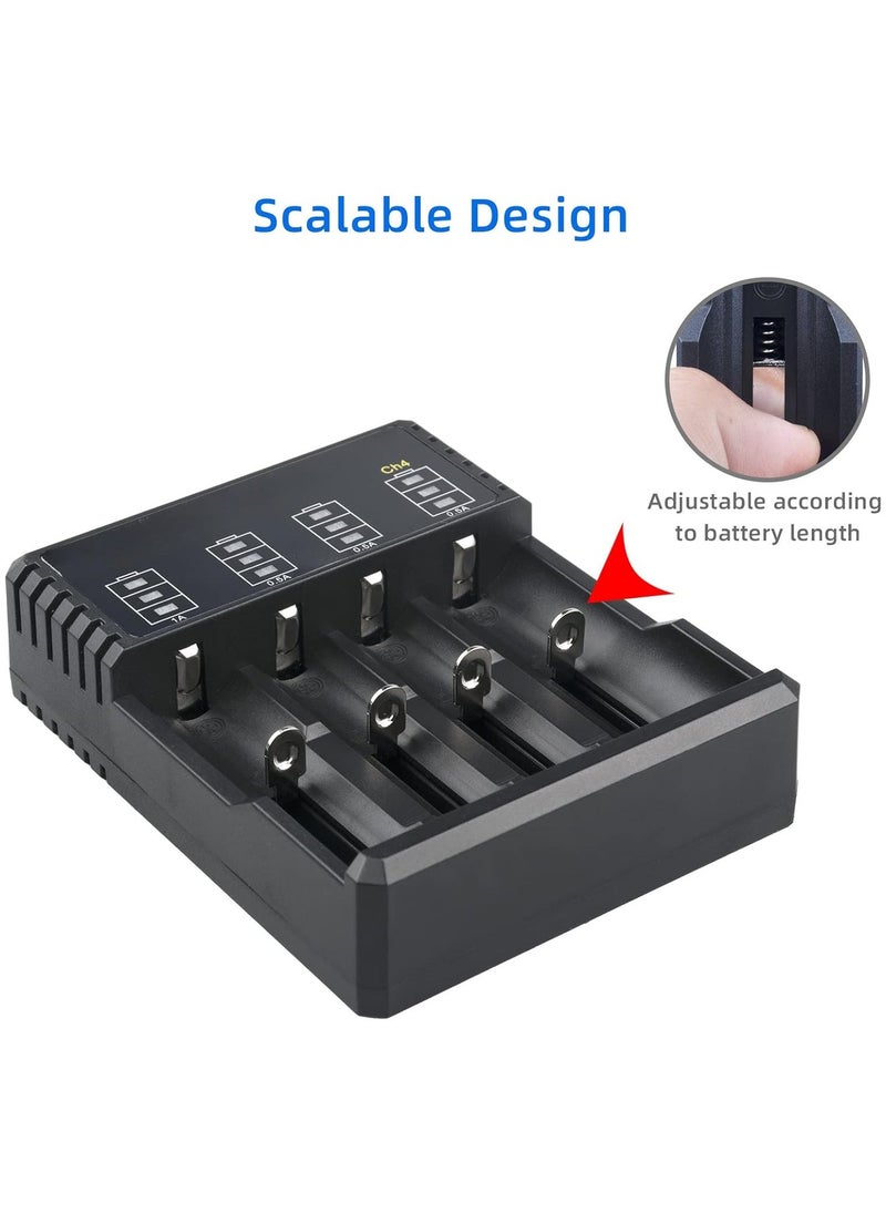 Battery Charger Li-ion, 18650 Battery Charger, Suitable for 3.7V li-ion Battery 18650 20700 10440 14500 18500 16340 17500 26650 Battery Charger, 4-Port Type C Battery Recharge, Smart Independent