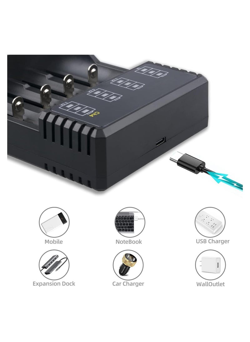 Battery Charger Li-ion, 18650 Battery Charger, Suitable for 3.7V li-ion Battery 18650 20700 10440 14500 18500 16340 17500 26650 Battery Charger, 4-Port Type C Battery Recharge, Smart Independent