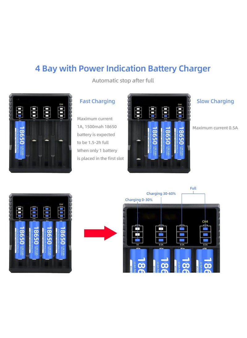 Battery Charger Li-ion, 18650 Battery Charger, Suitable for 3.7V li-ion Battery 18650 20700 10440 14500 18500 16340 17500 26650 Battery Charger, 4-Port Type C Battery Recharge, Smart Independent