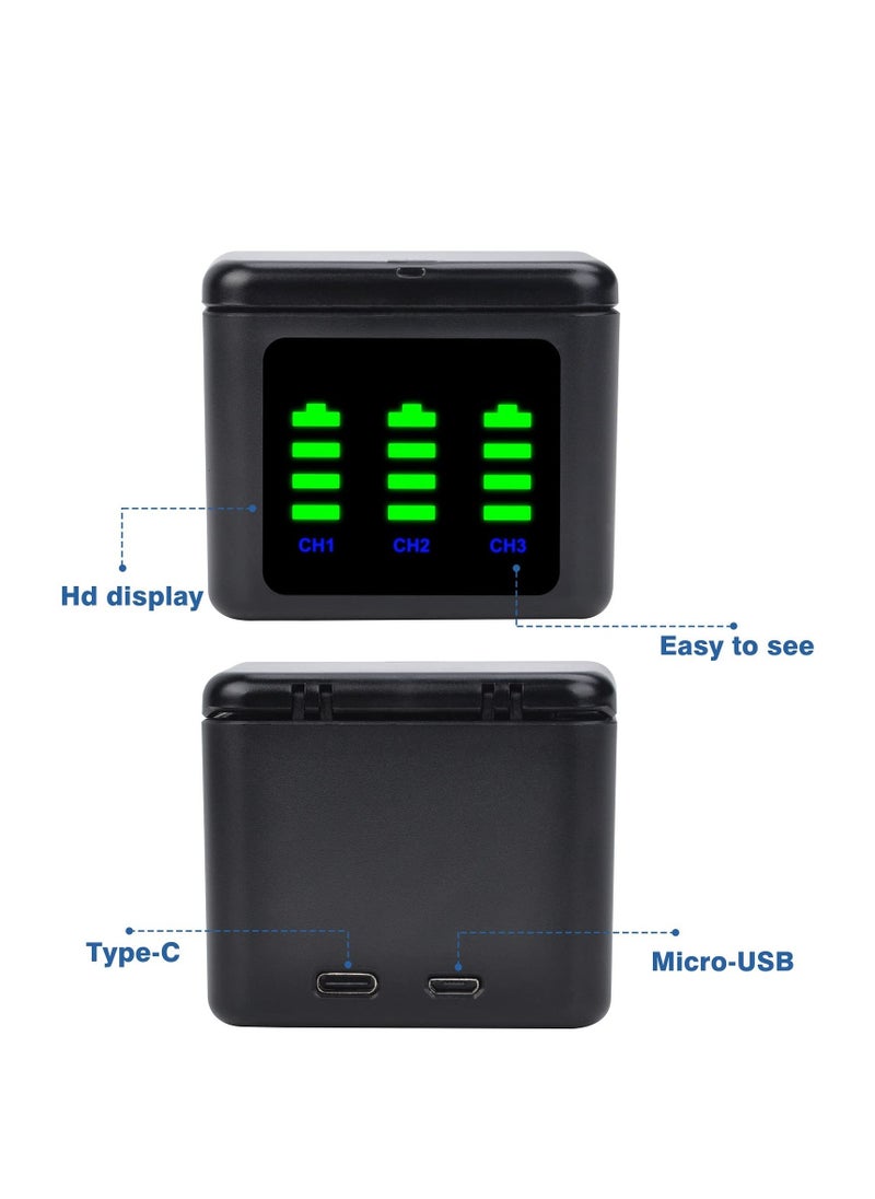 Battery Charger Fit for Go-pro Hero 11/10/9, 3-Slots Hero 10 Battery Charger with Type-C Port, Camera Batteries Storage Case Fit for Go-pro 9/10/11 Battery (Not Include Battery)