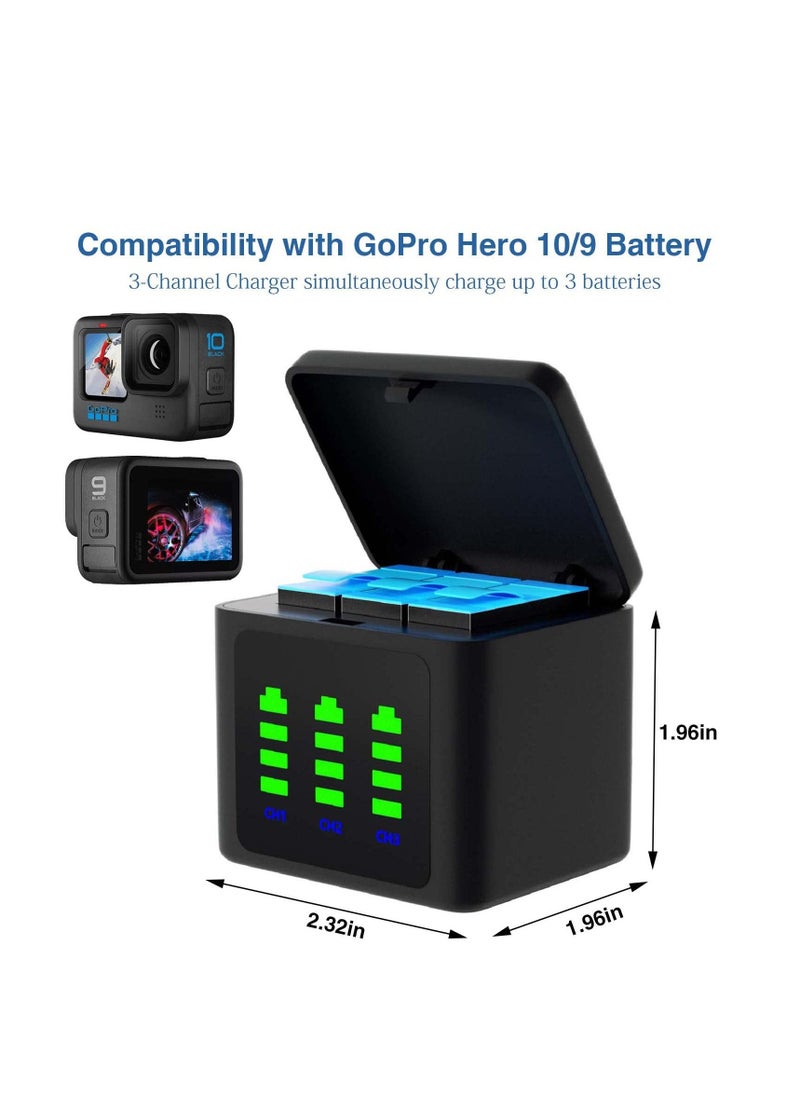 Battery Charger Fit for Go-pro Hero 11/10/9, 3-Slots Hero 10 Battery Charger with Type-C Port, Camera Batteries Storage Case Fit for Go-pro 9/10/11 Battery (Not Include Battery)