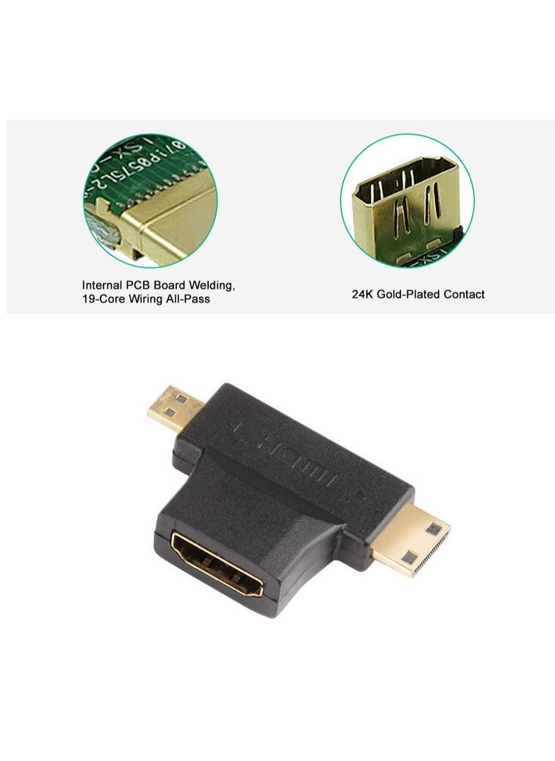 3-in-1 HDMI to Mini/Micro HDMI Adapter, Mini/Micro HDMI Male to HDMI Female Universal T Adapter, with Gold-Plated Connector 2 Pcs, Compatible with Digital Camera Camcorder Tablet Laptop