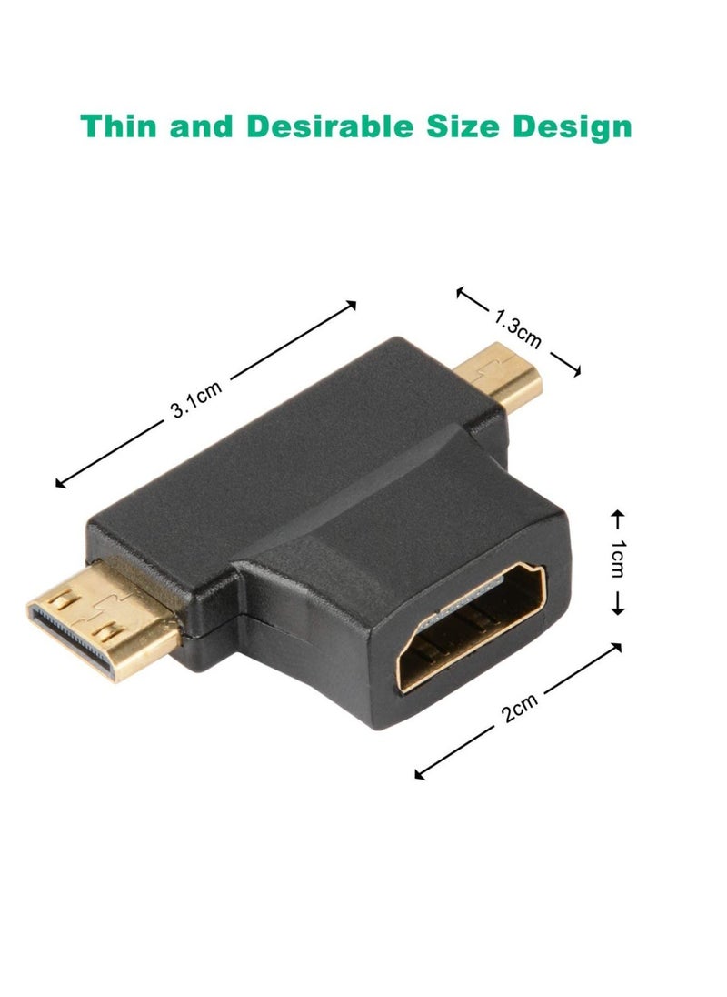 3-in-1 HDMI to Mini/Micro HDMI Adapter, Mini/Micro HDMI Male to HDMI Female Universal T Adapter, with Gold-Plated Connector 2 Pcs, Compatible with Digital Camera Camcorder Tablet Laptop