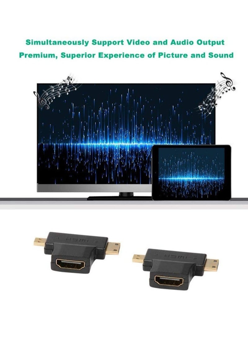 3-in-1 HDMI to Mini/Micro HDMI Adapter, Mini/Micro HDMI Male to HDMI Female Universal T Adapter, with Gold-Plated Connector 2 Pcs, Compatible with Digital Camera Camcorder Tablet Laptop