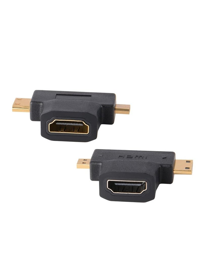 3-in-1 HDMI to Mini/Micro HDMI Adapter, Mini/Micro HDMI Male to HDMI Female Universal T Adapter, with Gold-Plated Connector 2 Pcs, Compatible with Digital Camera Camcorder Tablet Laptop