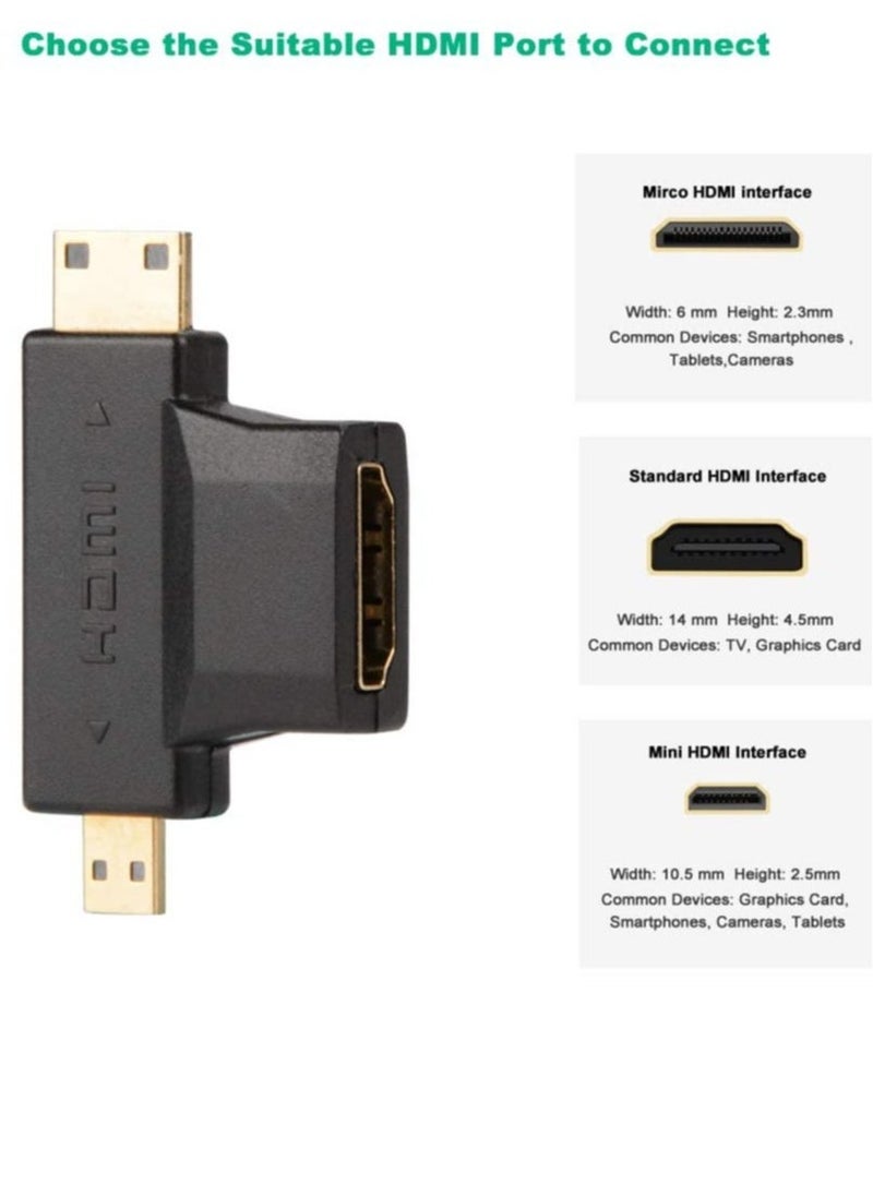 3-in-1 HDMI to Mini/Micro HDMI Adapter, Mini/Micro HDMI Male to HDMI Female Universal T Adapter, with Gold-Plated Connector 2 Pcs, Compatible with Digital Camera Camcorder Tablet Laptop