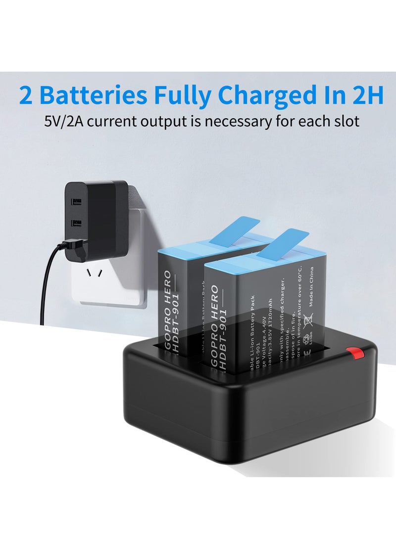 Dual Battery Charger, Compatible Dual Battery Charger for GoPro Hero 9/10/11 Black, Battery Charger Station with Micro USB Cable, Support Micro-USB/Type-C USB Port Charging