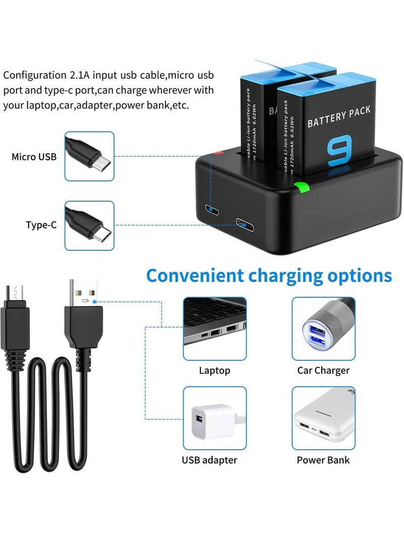 Dual Battery Charger, Compatible Dual Battery Charger for GoPro Hero 9/10/11 Black, Battery Charger Station with Micro USB Cable, Support Micro-USB/Type-C USB Port Charging