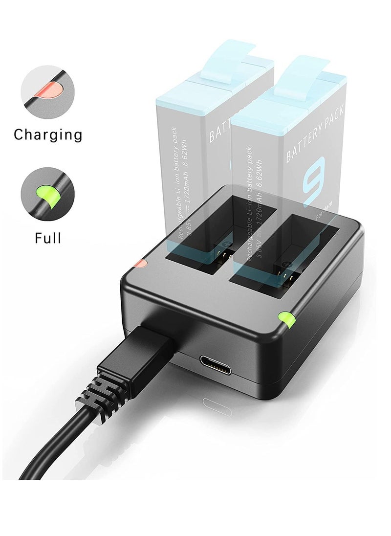 Dual Battery Charger, Compatible Dual Battery Charger for GoPro Hero 9/10/11 Black, Battery Charger Station with Micro USB Cable, Support Micro-USB/Type-C USB Port Charging