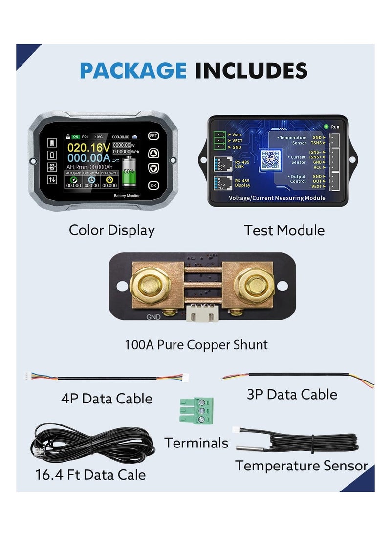 100A Smart Battery Monitor - RV Battery Monitor with Shunt Support High/Low Voltage Programmable Alarm for Battery 0V-120V Support Bluetooth for 12V Lithium Sealed, Gel, Flooded Batteries